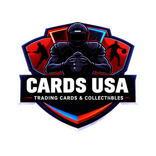 Logo for Cards USA trading cards and collectibles on a dark background with neon blue and red accents.