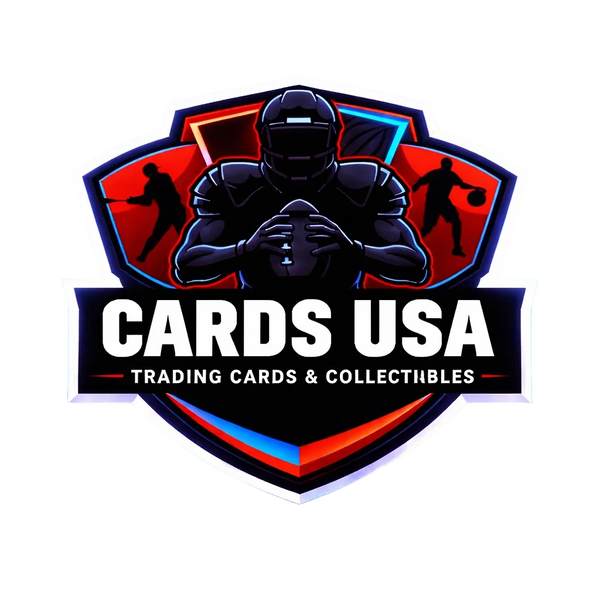 Logo for Cards USA trading cards and collectibles on a dark background with neon blue and red accents.